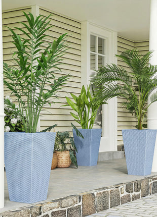 Tall Planters for Outdoor Plants Set of 3, 24 In Taper Planters with Drainage Holes, Rattan Decor Plant Pots, Light Gray