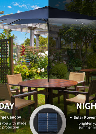 9' x 7' Solar Umbrella, LED Lighted Patio Umbrella for Table or Base with Tilt & Crank, Outdoor Umbrella for Garden, Deck, Backyard, Pool, Beach, Blue