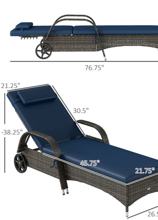 2 Reclining Chaise Lounge Chairs, Rolling Outdoor Chairs with Cushion, Pillow, Headrest, Armrests, and Wheels, Dark Blue