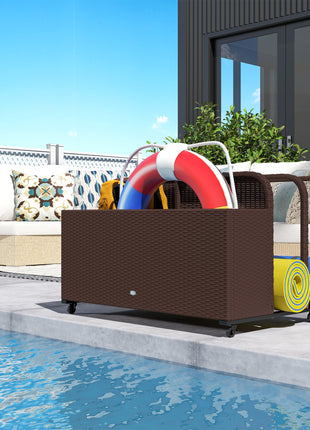 PE Rattan Pool Float Storage Organizer with Wheels, Brown