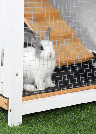 62" Rabbit Hutch, Wooden Bunny Hutch, Guinea Pig Cage, Small Animal Enclosure with Run Area, Removable Tray, Asphalt Roof, Lockable Doors and Ramp, for Rabbits, Chickens, Ducks, Nature Wood