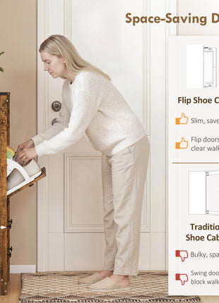 Shoe Cabinet with 2 Flip Drawers, Narrow Shoe Storage Cabinet, Rustic Brown
