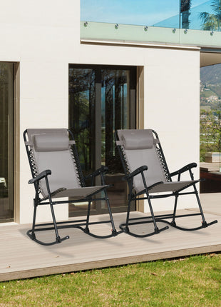 Outdoor Rocking Chair Set of 2, Patio Folding Lawn Rocker Set with Headrests for Yard, Patio, Deck, Backyard, Gray