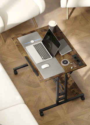 Adjustable Standing Desk with Power Outlets, Stand Up Desk with Tiltable Tabletop, Wheels, Shelf, for Home Office, Brown