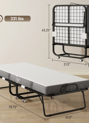 Folding Bed with Mattress for Adults, Single Size, Portable Foldable Bed with Memory Foam Mattress & Steel Frame, White