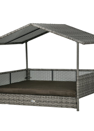 Outdoor Dog Bed with Canopy, Rattan Dog Bed with Soft Cushion Removable Cover for Medium and Large Dogs, Charcoal Gray