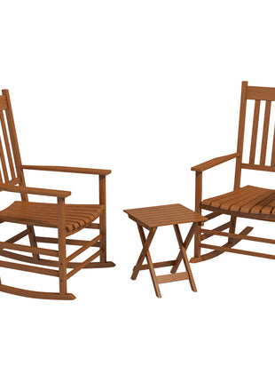 Outdoor Rocking Chair Set of 2 with Side Table, Patio Wooden Rocking Chair with Smooth Armrests, High Back for Garden, Balcony, Porch, Supports Up to 352 lbs, Teak