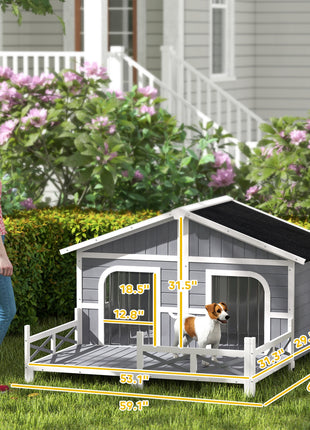 Dog House Outdoor, Wooden Dog Kennel Weatherproof with Porch, Openable Roof, Removable Bottom, Elevated Floor, Double Room for 2 Small to Medium Breeds, Gray