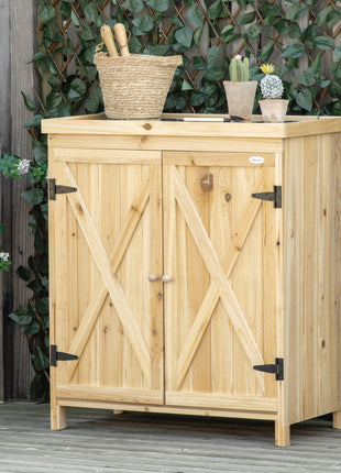 Garden Storage Cabinet, Outdoor Tool Shed with Galvanized Top and Two Shelves for Yard Tools or Pool Accessories, Natural