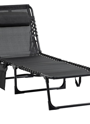 Reclining Chaise Lounge Chair, Portable Sun Lounger, Folding Camping Cot with Adjustable Backrest and Removable Pillow, for Patio, Garden, Beach, Black