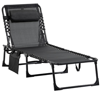 Reclining Chaise Lounge Chair, Portable Sun Lounger, Folding Camping Cot with Adjustable Backrest and Removable Pillow, for Patio, Garden, Beach, Black