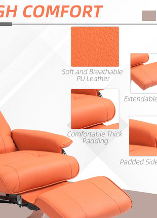 Faux Leather Recliner Chair, Swivel Recliner with Footrest, Armrest and Wood Base for Living Room, Orange