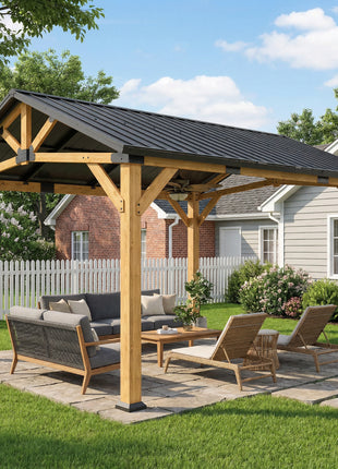 13' x 11' Hardtop Gazebo Canopy with Galvanised Metal Roof, Fir Wood Frame and Central Hook for Patio, Black Gray