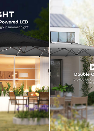 Garden Parasol, Double-Sided Sun Umbrella with LED Solar Lights, Patio Parasol for Outdoor, Gray