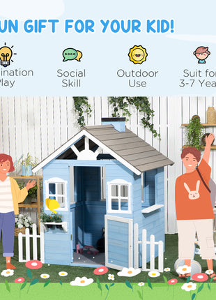 Wooden Playhouse for Kids Outdoor with Flower Pot Holders, Door, Windows, Service Stations for 3-7 Years, Blue
