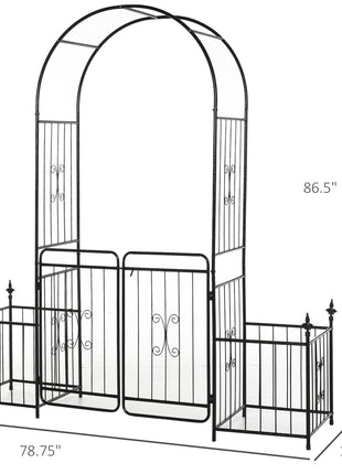 86" Garden Arch Arbor, Metal Arch Trellis with Gate and Planter Baskets, Garden Archway for Climbing Vines, Wedding Ceremony Decoration, Flourishes & Arrow Tips, Black