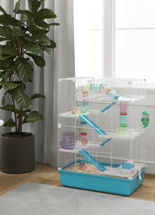 6 Tier Hamster Cage with Tubes and Tunnels, Hut, Wheel, Food Dish, Water Bottle, Ramps, for Dwarf & Gerbil, Light Blue