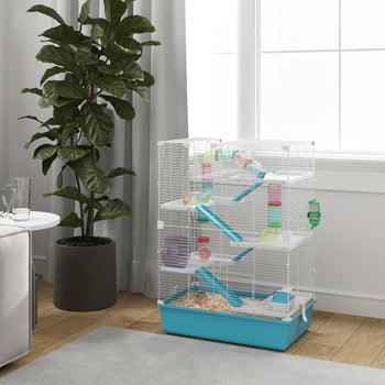 6 Tier Hamster Cage with Tubes and Tunnels, Hut, Wheel, Food Dish, Water Bottle, Ramps, for Dwarf & Gerbil, Light Blue