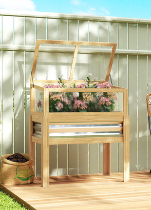 Raised Garden Bed with Mini Greenhouse, Elevated Planter Box with Legs and Bed Liner for Flowers, Vegetables