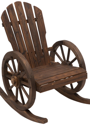 Wooden Rocking Chair, Adirondack Rocker Chair w/Slatted Design and Oversized Back, Outdoor Rocking Chair with Wagon Wheel Armrest for Porch, Poolside, and Garden, Carbonized