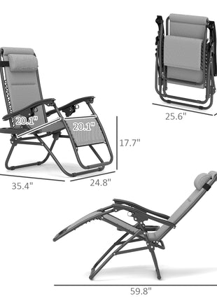 Zero Gravity Lounge Chair Set, 2 Pieces Reclining Folding Outdoor Lounge Chairs with Headrest Side Tray, Light Gray