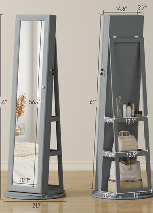 360° Swivel Jewelry Armoire, Lockable Jewelry Cabinet with Full-Length Mirror, Storage Shelves, Gray