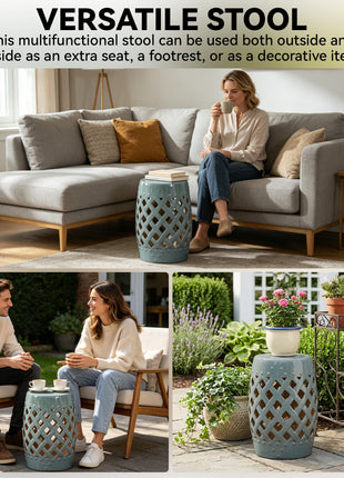 13" x 18" Ceramic Garden Stool with Woven Lattice Design & Glazed Strong Materials Decorative Outdoor Stool, Green