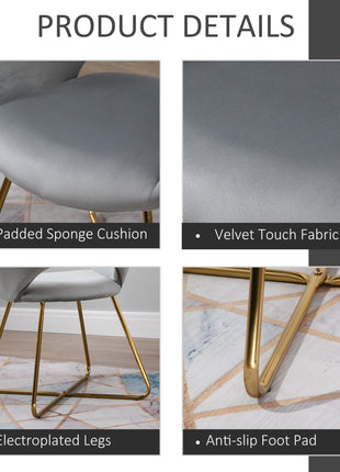 Modern Accent Velvet Chair Open Curved Mid-Back Upholstered Vanity Chair with Gold Plating Metal Legs Gray