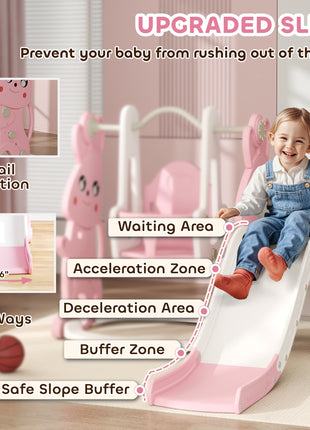 4 in 1 Toddler Slide and Swing Set with Climber, Basketball Hoop, Rabbit Themed Kids Playset for Ages 1.5-4, Pink