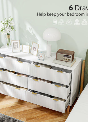 6 Drawer Double Dresser for Bedroom, Fluted Chest of Drawers with Gold Finger Pulls and 5 Wood Legs, White