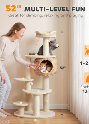 52" Cat Tree, Cat Tower with Handwoven Cattail Condo, Bed, Platforms, 3 Scratching Posts and 3 Toy Balls