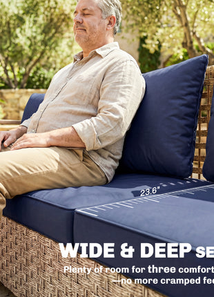 Rattan Wicker Sofa 3-Seater Outdoor Patio Sofa with Cushions for Garden Backyard Porch Dark Blue