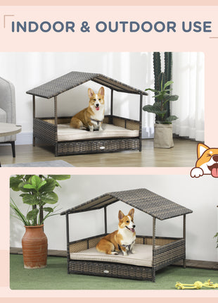 Wicker Dog House with Removable Cushion Lounge, Khaki