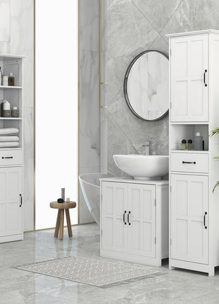 Modern Bathroom Cabinet, Narrow Storage Cabinet with Open Shelf, Drawer, Recessed Doors and Adjustable Shelves, White