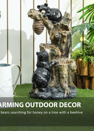 22.4" Outdoor Fountain, 3-Tier Resin Resin Bears and Honey Beehive Outdoor Waterfall Fountain with LED Lights, Pump