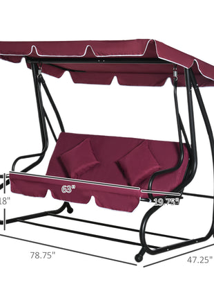3-Seat Outdoor Patio Swing Chair, Converting Flatbed, Outdoor Swing Glider with Adjustable Canopy, Removable Cushion and Pillows, for Porch, Garden, Poolside, Backyard, Red