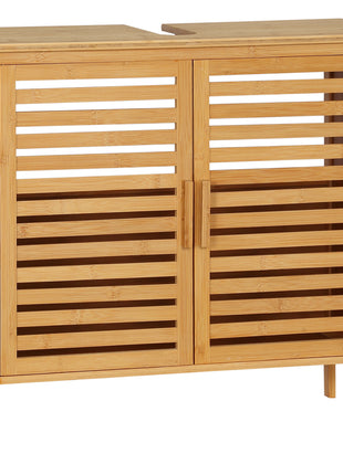 Freestanding Bathroom Sink Cabinet, Bamboo Under Sink Cabinet Cupboard Organizer with 2 Slatted Doors, Natural