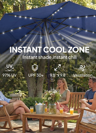 9.7 ft Outdoor Patio Umbrella with Solar LED Lights, 3 Tier Outdoor Table Umbrella with Tilt, Crank, Navy Blue