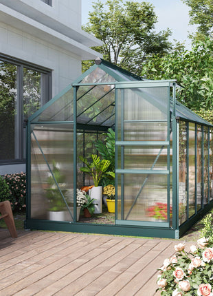 6' x 10' Greenhouse for Outdoors, Polycarbonate Greenhouse with Rain Gutter and Roof Vent, Aluminum Walk-in Green Houses for Outside for Patio Backyard Garden, Dark Green