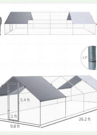 Large Chicken Coop Metal Chicken Run for Chickens with Waterproof and Anti-UV Cover, Spire Shaped Walk in Fence Cage Hen House for Outdoor and Yard Farm Use, 1.3" Dia, 9.8' x 26.2' x 6.4'