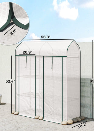 3 Tier Mini Greenhouse, Small Portable Greenhouse with 2 Roll-up Doors, 56.3" x 18.1" x 65", White