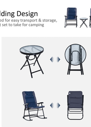 3 Piece Outdoor Folding Rocking Chair and Table Set - Blue and Gray