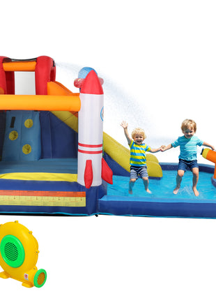 5 in 1 Inflatable Bounce House, Water Slide with 550W Blower, Splash Pool, Trampoline, Climbing Wall, Cannon