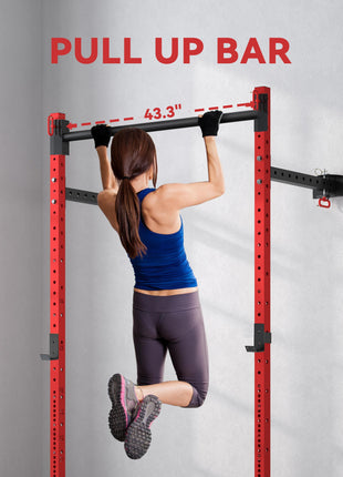 Folding Squat Rack with Pull Up Bar, Wall Mounted and Adjustable, 1000 Pounds Capacity Power Rack, Red