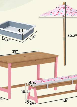 Kids Picnic Table Set with Foldable Umbrella, Removable Cushions & Boxes, Flamingo Theme, Pink
