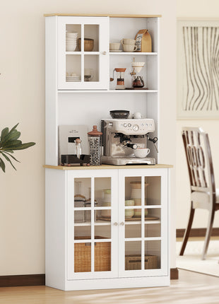 Kitchen Pantry Cabinet, 72" Freestanding Storage Cabinet with Hutch, Large Countertop, Glass Doors and Adjustable Shelves, Microwave Cabinet, Coffee Bar Cabinet for Dining Room, White