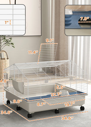 Rolling Small Animal Cage with Water Bottle, Hay Feeder, Food Dish for Rabbits, Hedgehogs, Guinea Pigs, 35" x 35" x 25"
