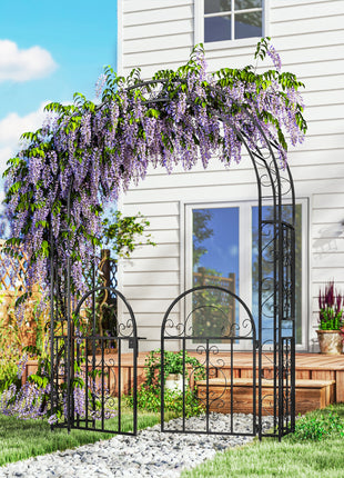 7.4ft Steel Garden Arch with Gate, Garden Arbor Trellis for Climbing Plants, Roses, Vines, Wedding Arch Stand for Outdoor, Garden, Lawn, Backyard, Black