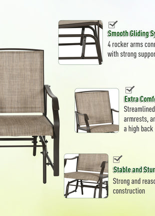 3 Piece Outdoor Glider Chair with Coffee Table Bistro Set, 2 Patio Rocking Swing Chairs with Breathable Sling Fabric, Glass Tabletop, for Backyard, Garden and Porch, Mixed Brown