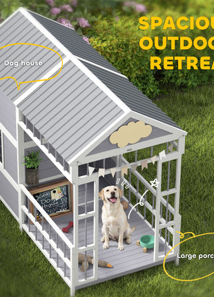 79"L Large Dog House Outdoor, Wooden Dog Kennel with Porch, Storage Cabinet,Weatherproof Roof, Windows